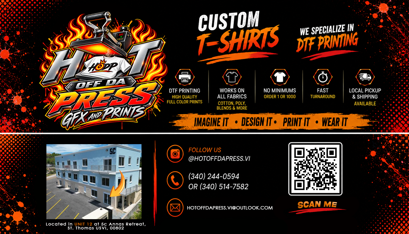 Hot Off Da Press business card showing custom T-shirt and DTF printing services